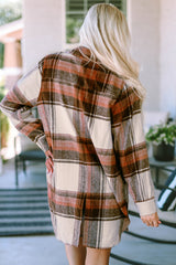 Long brown checked jacket with flap pockets