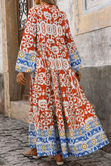 Robe longue orange à manches longues et imprimé géométrique Boho