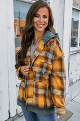 Orange hooded jacket checked tiles and buttons