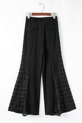 Pantalon taille haute à jambe large et patchwork en dentelle bohème noir *