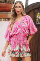 Combi-short taille haute à imprimé géométrique cachemire rose à col en V