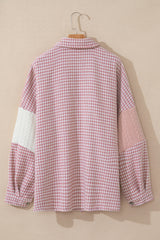 Pink Houndstooth Color Contrast Textured Patchwork Loose Jacket