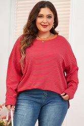 Plus Size Orange Striped Drop Shoulder Long Sleeve Button Down Decorative Top