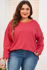 Plus Size Orange Striped Drop Shoulder Long Sleeve Button Down Decorative Top