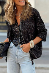 Black jacket with long sleeves and zipped sequins round neck