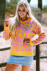 Vitality Orange Baggy Sweater with Abstract Print and Ribbed Trim