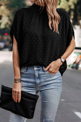 Chemisier noir à pois suisses, col montant, manches chauve-souris-A WOMAN WE LOVE