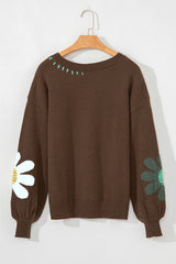 Pull marron à grandes fleurs et col V