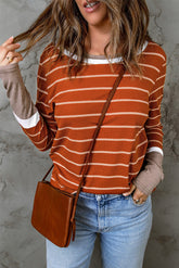 Extend Brown Ribbed Knit Striped Sweater with Color Block Cuffs