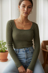 Crop top côtelé à col bardot Kaki