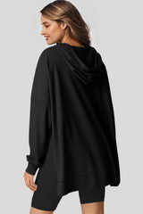Black Waffle Knit Oversized Hoodie with Fleece Lining