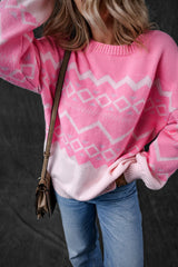 Western Aztec Geometric Drop Shoulder Pink Sweater