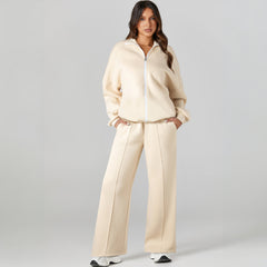 Ensemble 2 pièces beige avec veste zippée à épaules tombantes