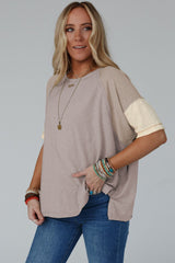 Ample color block t-shirt with apparent seams Simply Taupe