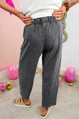 Pantalon baril en coton délavé à taille élastiquée et coutures apparentes