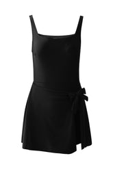 Robe de bain une pièce noire à taille nouée sur le côté, col carré, bretelles réglables, ligne A