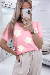 Short -sleeved sweater and pink flower hrp -in collar