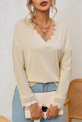 Apricot Ribbed Textured Long Sleeve V-Neck Top