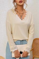 Apricot Ribbed Textured Long Sleeve V-Neck Top
