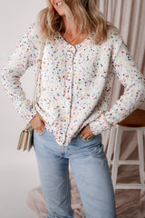 Cardigan pull à confettis multicolores à décor de strass blanc-A WOMAN WE LOVE