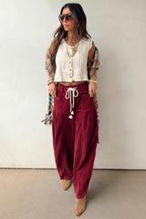 Pantalon en velours côtelé bordeaux ou marron à taille élastiquée et cordon