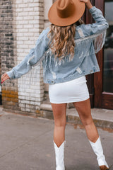 Sky blue distressed denim jacket with sequin fringes
