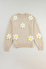 Pull beige oversize en grosse maille à fleurs
