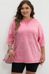 Strawberry Pink Mineral Wash Drop Sleeve Patchwork T-Shirt