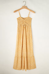 Long yellow flower dress, smocked, high waist, with ruffles