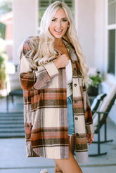 Long brown checked jacket with flap pockets