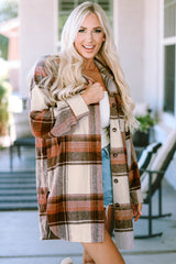Long brown checked jacket with flap pockets