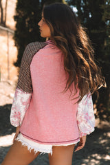 Blouse patchwork en tricot côtelé à manches raglan et imprimé mixte Fushia-A WOMAN WE LOVE