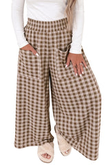 Pantalon large à carreaux, taille haute élastiquée et poches plaquées