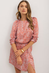 Tomato Red Leopard Print Long Sleeve Slit Mini Dress