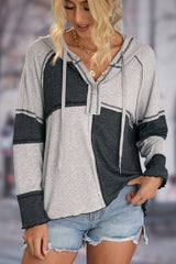 Grey Color Block Ribbed Henley Hoodie with Stitching