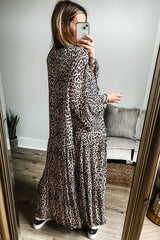 Apricot leopard print wide sleeve maxi dress