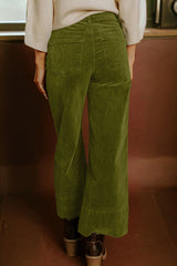 Pantalon large taille haute en velours côtelé de couleur unie vert