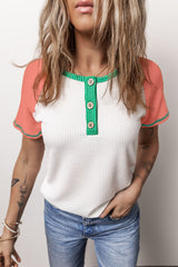 T-shirt Henley Textured with Raglan and Color Block White sleeves