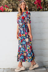 Robe longue verte rétro à imprimé floral et col fendu