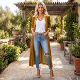 Cardigan long en velours jaune avec poches