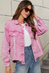 Pink Lace Distressed Buttoned Denim Jacket