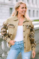 Khaki corduroy jacket with frayed edges and Aztec print