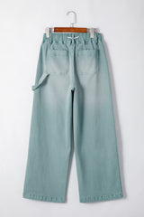 High Waisted Wide Leg Jeans with Drawstring and Smoke Green Mineral Wash