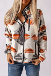 Grey Aztec Western Snap Button Fleece Jacket