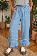 Pantalon large bleu en chambray à volants, 100 % coton