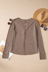 Coffee Acid Wash Waffle Knit Long Sleeve Top