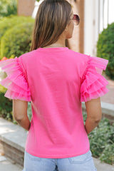 Blouse rose à manches volantées en tulle-A WOMAN WE LOVE