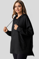 Black Waffle Knit Oversized Hoodie with Fleece Lining