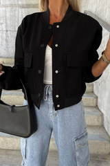 Baseball collar black jacket with large pockets