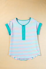 Short-sleeved and half-zip top with pink contrast stripes